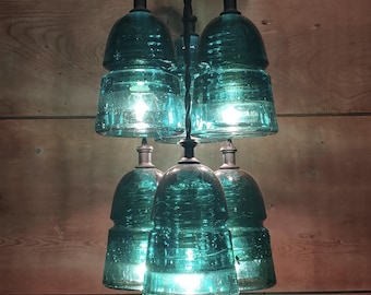 Vintage Glass Insulator Chandelier: Copper ceiling Mount, Rustic Kitchen Light, Dining Room Light Fixture, Bar Fixture, Island Fixture