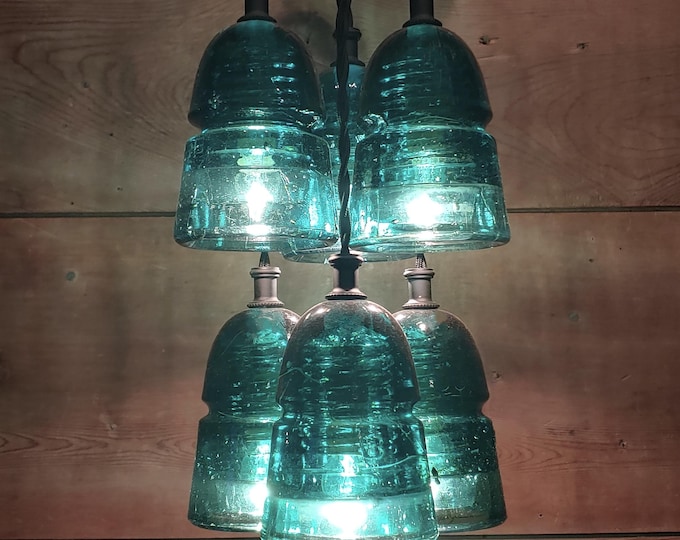 Vintage Glass Insulator Chandelier: Copper ceiling Mount, Rustic Kitchen Light, Dining Room Light Fixture, Bar Fixture, Island Fixture