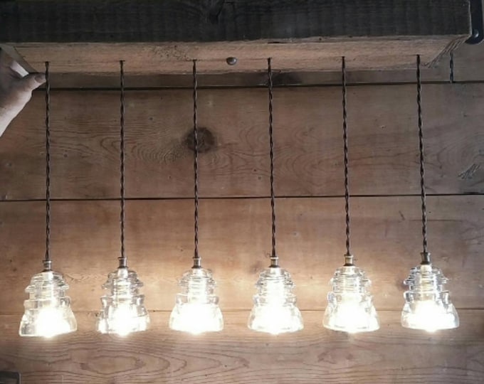 Reclaimed Barn Wood Chandelier: Vintage Glass Insulator Light, Handcrafted BARNWOOD ceiling mount box chandelier/light bar/light fixture.