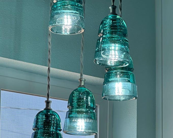 Vintage Glass Insulator fixture: Rustic Farmhouse Light Authentic Glass Insulator 3 or 5 VINTAGE Aqua, Clear or a mix of both, ceiling mount