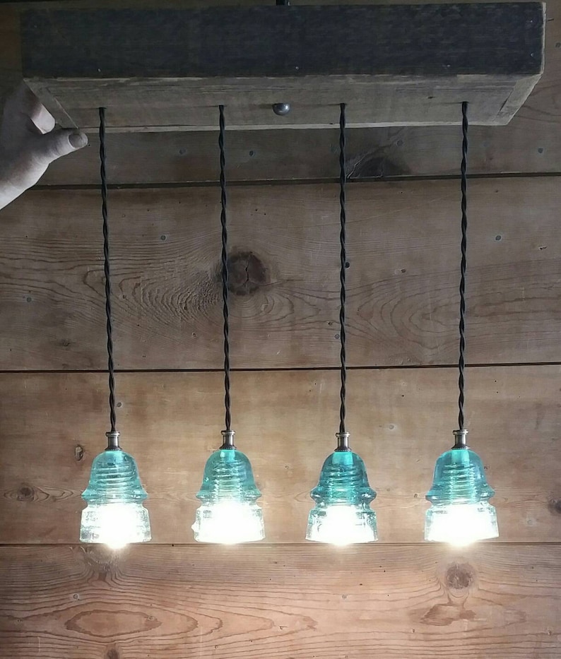Reclaimed Barnwood Ceiling Box Chandelier Glass Insulator Light Fixture FARMHOUSE Barn Wood 4 Vintage Glass Insulator Pendant Lights