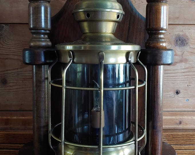 Vintage Nautical Ship Lantern Brass & Mahogany Table Lamp Steampunk Ship Sailor Lantern Tabletop Lamp 37"H-working condition