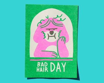 Bad Hair Day risograph postcard size print