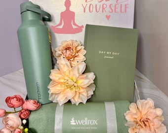 Self Care Yoga Gift Box, Wellness Journal, Water Bottle, Mat Towel