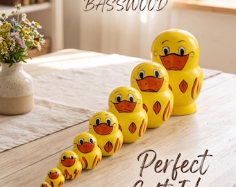 Handmade Yellow Duck Nesting Dolls, Basswood Matryoshka Set, Farmhouse Nursery Decor