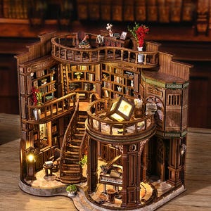 DIY Miniature Bookshelf Book Nook Kit: 3D Wooden Puzzle with LED Lights