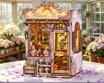 DIY-Set für eine ruhige Leseecke mit Blumenhaus-Motiv, 3D-Holzpuzzle-Diorama eines Lavendel-Gewächshauses, LED-Blumen-Buchstütze, Gartengeschenk für Frauen