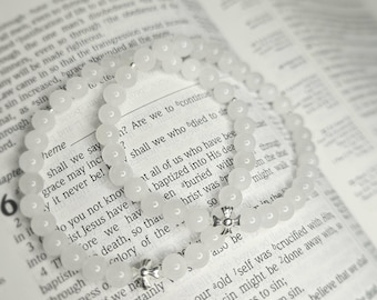 WHITE JADE ORTHODOX Christian prayer bracelet with 33 beads and a 925 silver cross