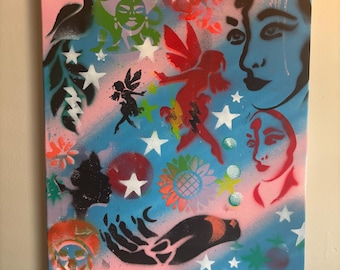 Origineel beschilderd canvas: etherische gezichten, hemelsterren, abstracte kunst, moderne kunst, woondecoratie