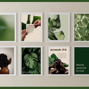 May include: Collection of eight framed art prints with a green theme. The prints feature abstract designs, botanical images, and inspirational quotes. The color palette includes shades of green, white, and beige. The prints are displayed against a green background.