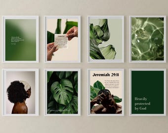 Christian Wall Art Set Digital Download Printable Faith Green Nature Scripture Decor Black Woman Christian Aesthetic Modern Bible Verse