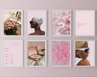 Christian Black Woman Wall Art Set Woman of God Printable Decor Modern Luxury Bible Verse Psalm 46:5 Soft Pink Aesthetic Gallery Wall