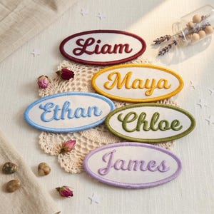 Custom Embroidered Name Patch, Oval Rectangle Iron On, Personalized Vintage Style Applique for Jackets & Backpacks, Sew On Uniform Badge