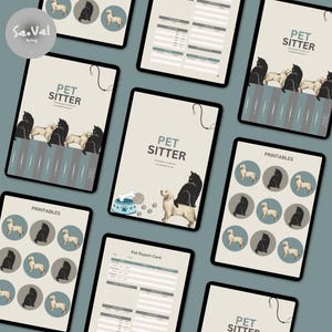 May include: A collection of digital printables for pet sitters, displayed on tablets. The designs feature illustrations of black cats and golden retrievers. The text "PET SITTER" and "PRINTABLES" are visible on the screens.