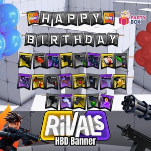 K&ouml;nnte beinhalten: Ein Geburtstagsbanner mit den Worten "HAPPY BIRTHDAY" in schwarzen Buchstaben. Unter dem Banner befinden sich mehrere Waffen-Icons. Das Banner enth&auml;lt auch den Text "RIVALS" und "HBD Banner". Blaue und rote Luftballons sind sichtbar.