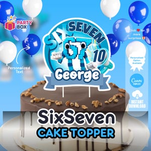 Puede incluir: Una tarta de chocolate con un adorno para tarta "SixSeven", personalizado con el nombre "George". El adorno presenta un diseño azul y blanco con el número 67. Globos blancos y azules rodean la tarta, con las palabras "Party Box" visibles.