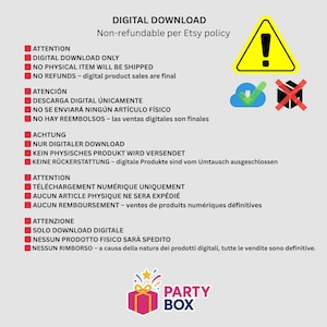 K&ouml;nnte beinhalten: Eine Ank&uuml;ndigung f&uuml;r einen digitalen Download mit dem Text "DIGITALER DOWNLOAD" und "Nicht erstattungsf&auml;hig gem&auml;&szlig; Etsy-Richtlinie." Enth&auml;lt Warnsymbole und Text in mehreren Sprachen sowie ein Logo mit der Aufschrift "PARTY BOX."