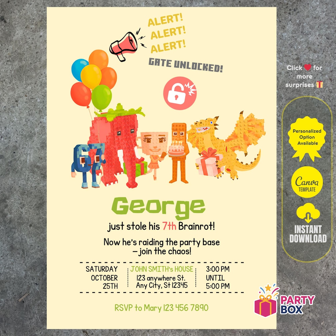 Steal a Brainrot Birthday Invitation Gamer Adventure, Editable Canva