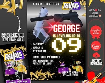 Roblox Rivals verjaardagsuitnodiging bewerkbare canvassjabloon | Gamer Battle Arena-feestuitnodiging 5 x 7 inch
