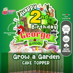 Può includere: Un cake topper verde con la scritta "Happy 2nd Birthday George" e "Grow a Garden". Il design include personaggi di animali pixelati e una varietà di caramelle colorate. Le parole "Party Box" sono in alto a sinistra.