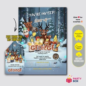 May include: A birthday party invitation with a forest theme. The invitation features cartoon characters, the name "GEORGE", and the text "You're Invited!" A matching thank you tag is also included.