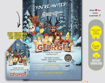 99 Nights in the Forest Birthday Invitation: Gamer Adventure, Editable Canva Template, Winter(Digital Download)