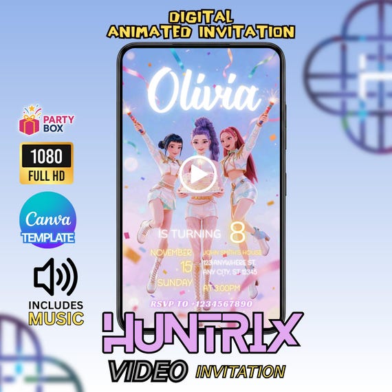 Kpop Demon Hunters Golden Birthday Video Invitation | Editable Canva Video Invite