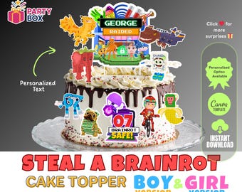Steal a Brainrot-taarttopper: verjaardagsfeestje gamer (bewerkbare canva-sjabloon)