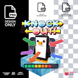 May include: A digital graphic featuring a cartoon penguin with the words "KNOCK OUT!" in a colorful, playful font. The penguin is surrounded by arrows and sits on a block of ice, with a progress bar below. The design is labeled as PNG.