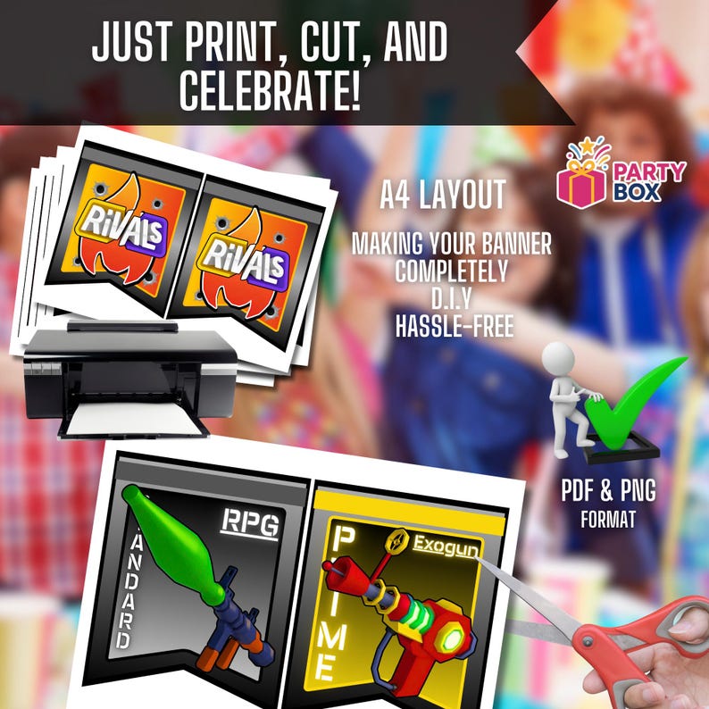 K&ouml;nnte beinhalten: DIY-Party-Banner-Kit mit dem Text "JUST PRINT, CUT, AND CELEBRATE!". Das Kit enth&auml;lt druckbare Spielkarten, einen Drucker und Anweisungen. Das Banner hat das A4-Layout, PDF- und PNG-Format und ist unkompliziert.