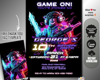 Roblox Rivals Birthday Invitation Editable Canva Template |  Neon Gamer Battle Arena Party Invite 5x7