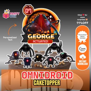 Puede incluir: Un adorno para pastel "Omnidroid" con una placa de nombre personalizada "George". El adorno presenta un diseño de robot grande con figuras de robots más pequeñas. El diseño incluye el texto "ACTIVATED!" y "CAKETOPPER".