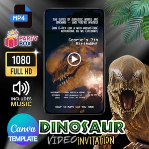 Peut inclure: Une invitation vidéo numérique sur le thème des dinosaures avec le texte "Dinosaur Video Invitation" et "Canva Template". L'invitation comprend le texte "George's 7th Birthday!" et les détails de l'événement. Le design présente une image de dinosaure et les mots "Includes Music".
