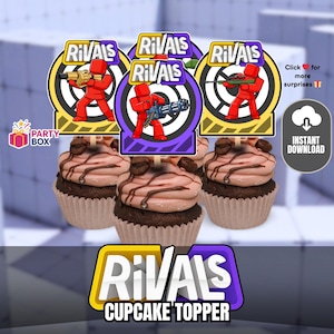 Könnte beinhalten: Cupcakes mit Tortenauflegern mit dem Wort "Rivals" und Cartoonfiguren mit Waffen. Die Aufleger befinden sich in gelben, lila und grünen Kreisen. Die Cupcakes haben Schokoladenfrosting und sind mit Kaffeebohnen verziert. Das Bild enthält auch die Wörter "Party Box" und "Instant Download".