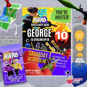 May include: A party invitation with a Roblox theme. The invitation features the text "RIVALS ENTER PARTY MODE" and "GEORGE 10". It includes the date "SATURDAY OCTOBER 16" and RSVP information. Additional elements include a map, a thank you tag, and a blue balloon.