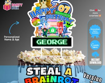 Steal a Brainrot-taarttopper: verjaardagsfeestje jongen gamer (bewerkbare canva-sjabloon) v2