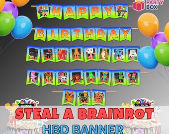 Steel een Brainrot Happy Birthday-banner | Afdrukbare feestdecoratie | Digitale pdf-download: 18 x 22 cm