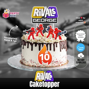 Könnte beinhalten: Ein weißer Kuchen mit Schokoladenglasur, belegt mit roten Soldatenfiguren und einem "Rivals George" Tortenaufsatz. Der Kuchen zeigt eine Flamme mit der Zahl 10. Das Bild enthält Text: "Party Box", "Personalized Name & Age" und "Instant Download".