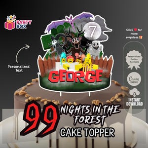 Può includere: Un cake topper a tema foresta, con il nome "GEORGE" in lettere rosse. Il topper include personaggi dei cartoni animati, il numero 7 e il testo "99 NIGHTS IN THE FOREST CAKE TOPPER".