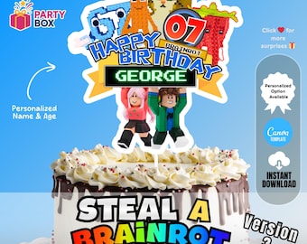 Steal a Brainrot-taarttopper: verjaardagsfeestje jongen gamer (bewerkbare canva-sjabloon) v3