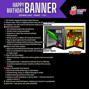 K&ouml;nnte beinhalten: Digitaler Download f&uuml;r ein Happy Birthday Banner. Das Bild zeigt Spielzeugwaffen und ein A4-Layout. Das Banner enth&auml;lt Anweisungen zum Drucken, Schneiden und Zusammenbauen. Einfach zu drucken und zu schneiden.