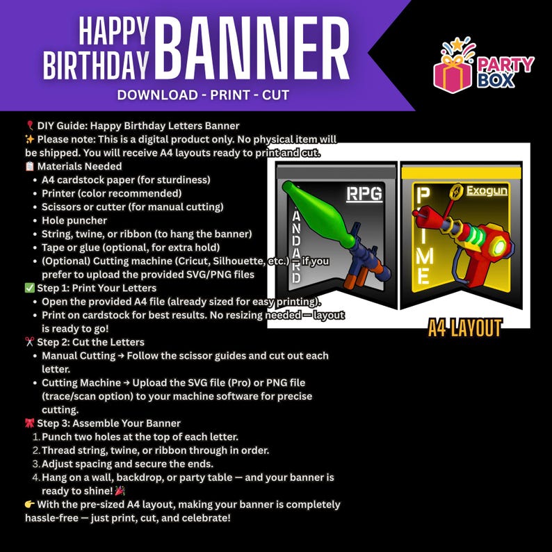 K&ouml;nnte beinhalten: Digitaler Download f&uuml;r ein Happy Birthday Banner. Das Bild zeigt Spielzeugwaffen und ein A4-Layout. Das Banner enth&auml;lt Anweisungen zum Drucken, Schneiden und Zusammenbauen. Einfach zu drucken und zu schneiden.