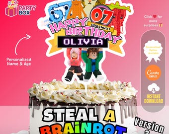 Steal a Brainrot-taarttopper: Pink Girl-gamerverjaardagsfeestje (bewerkbare canva-sjabloon)