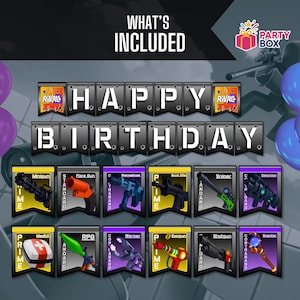 K&ouml;nnte beinhalten: Eine Grafik mit einem "Happy Birthday" Banner und Waffenillustrationen. Das Bild enth&auml;lt ein "Party Box" Logo und den Text "Was ist enthalten". Zu den Waffentypen geh&ouml;ren eine Minigun, eine Leuchtpistole und ein Scharfsch&uuml;tzengewehr. Lila und blaue Luftballons sind sichtbar.