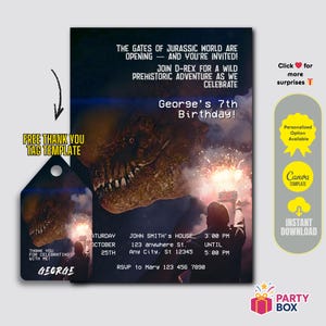Peut inclure: Une invitation numérique pour le 7e anniversaire de George, sur le thème des dinosaures, avec une illustration de T-Rex et des feux d'artifice. Elle comprend les détails de l'événement et un modèle d'étiquette de remerciement.