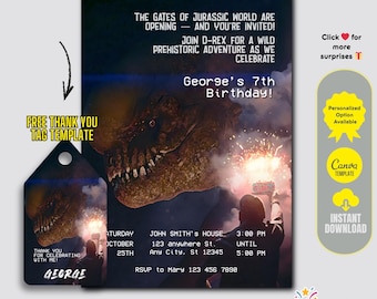 Invitación de cumpleaños jurásica: Aventura D-REX, plantilla de Canva (descarga digital)
