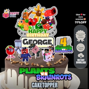 May include: A cake decorated with a Plants vs. Brainrots theme, featuring a cake topper with character figures and the text "Happy Birthday George 4". The cake has chocolate frosting and the words "Plants vs. Brainrots Cake Topper".