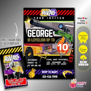 May include: A black and green invitation with the text "Rivals" and "George is leveling up to 10". Includes a thank you tag template. Features a paintball theme with a sniper rifle graphic and event details.