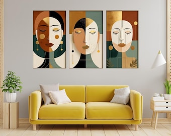 Abstract Women Faces Art Print: Gold and Earth Tones, Geometric Portraits (Digital Download)