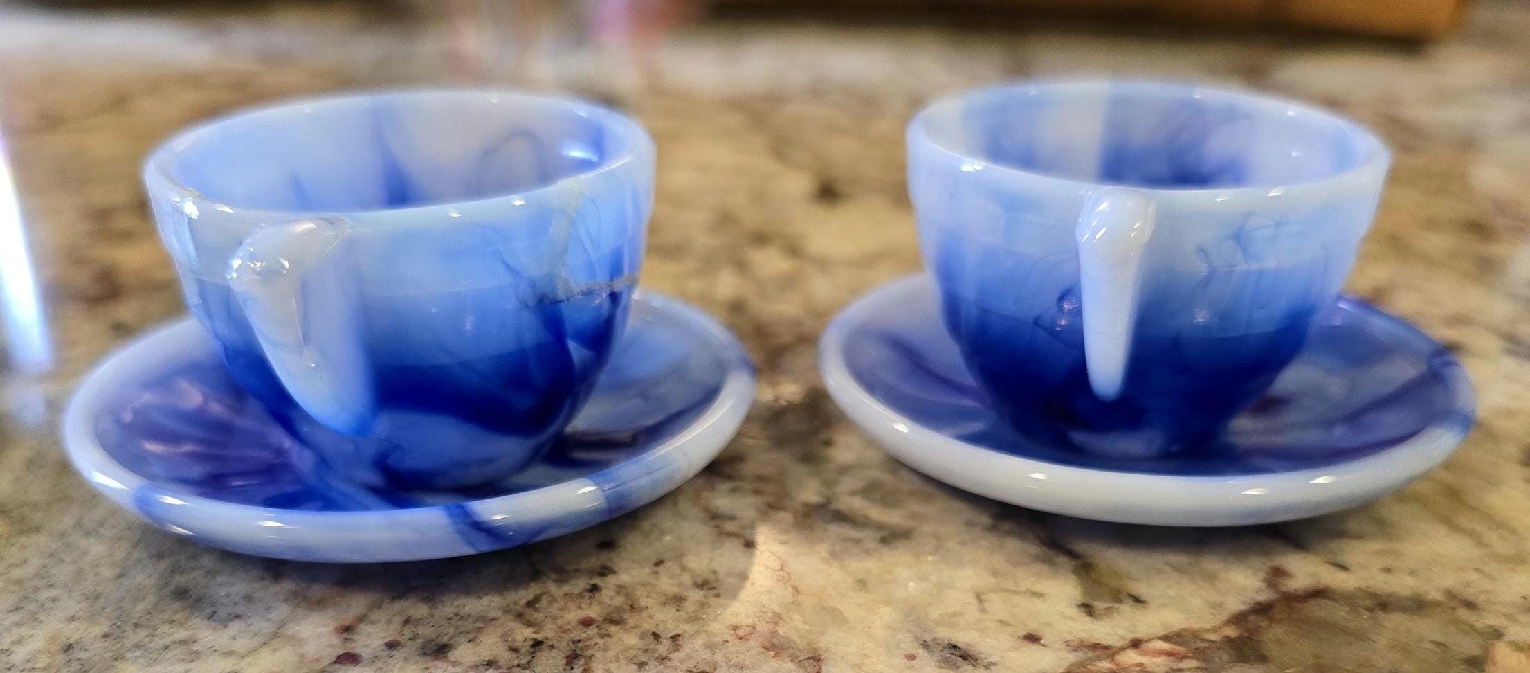 AKRO AGATE Cups and Saucers Blue & White Marbelized Interior Panel